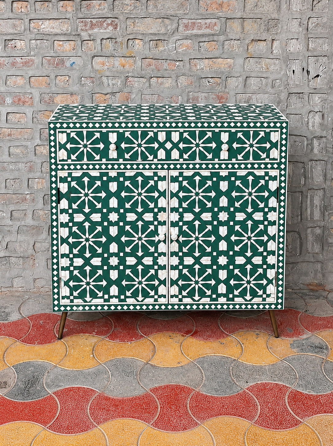 Green Bone Inlay Cabinet Handmade Geometric Sideboard Storage Cabinet Luxury Accent Furniture Boho Chic Home Decor