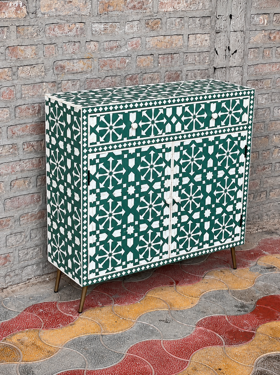 Green Bone Inlay Cabinet Handmade Geometric Sideboard Storage Cabinet Luxury Accent Furniture Boho Chic Home Decor