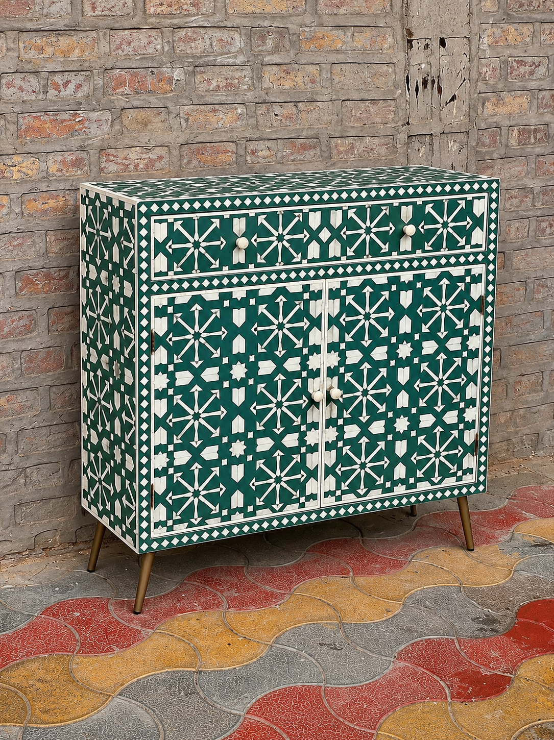 Green Bone Inlay Cabinet Handmade Geometric Sideboard Storage Cabinet Luxury Accent Furniture Boho Chic Home Decor