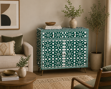 Green Bone Inlay Cabinet Handmade Geometric Sideboard Storage Cabinet Luxury Accent Furniture Boho Chic Home Decor