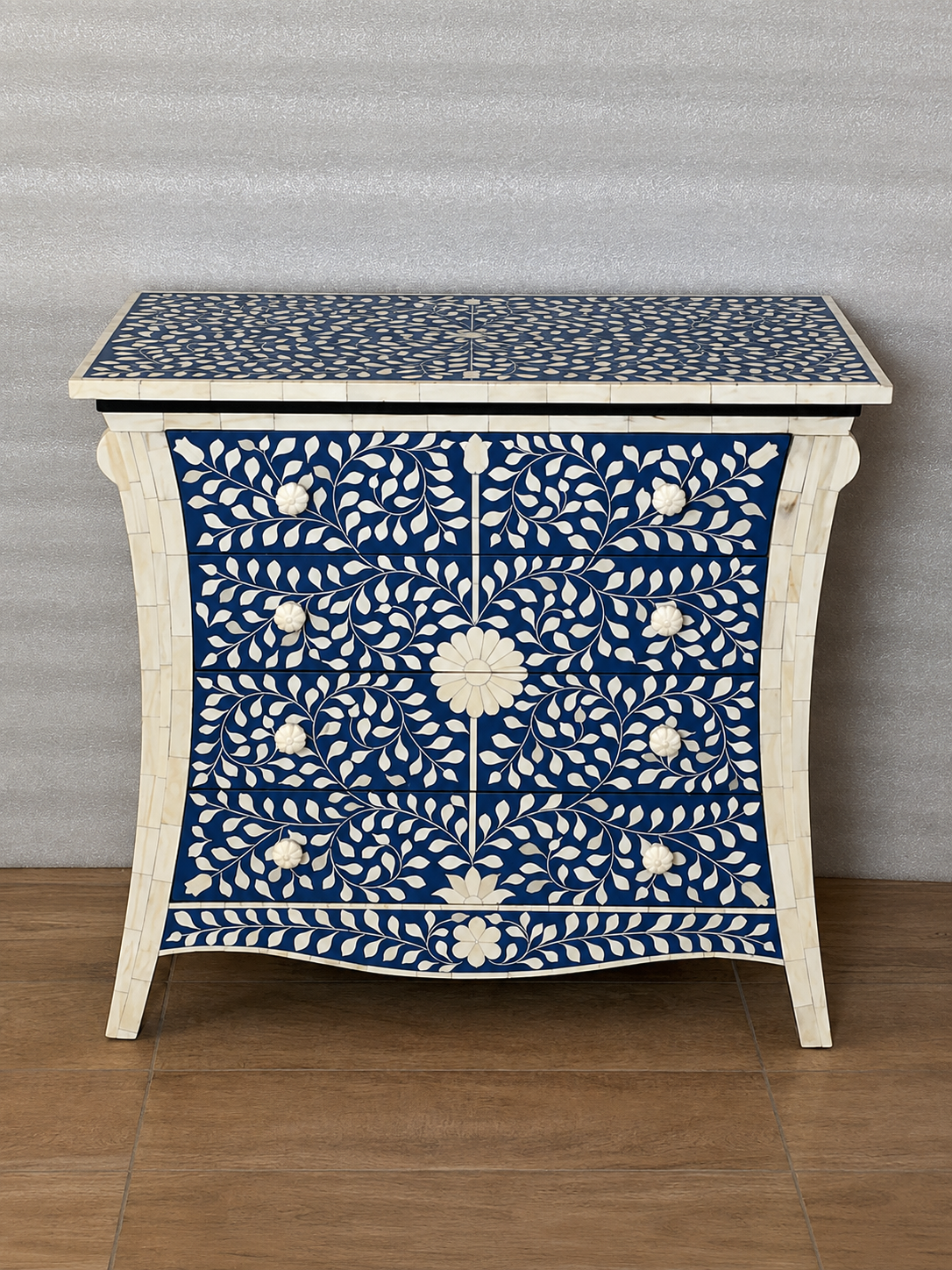 Blue Bone Inlay Chest of Drawers Handmade Floral Dresser Cabinet Luxury Storage Furniture Boho Chic Home Decor