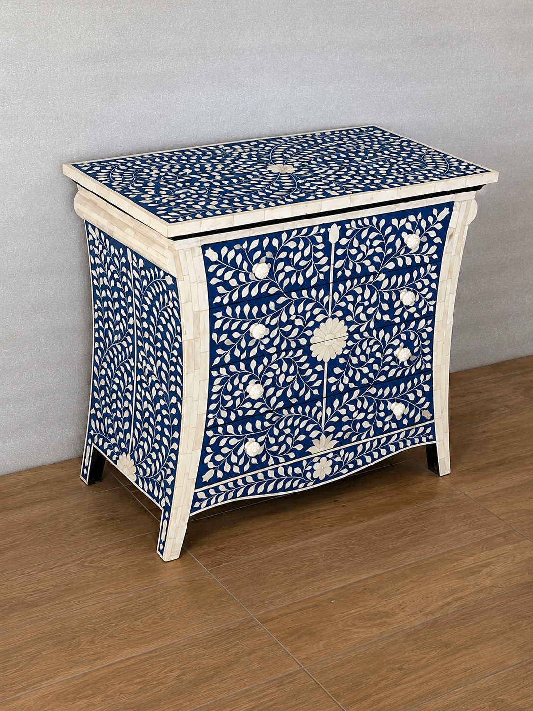 Blue Bone Inlay Chest of Drawers Handmade Floral Dresser Cabinet Luxury Storage Furniture Boho Chic Home Decor