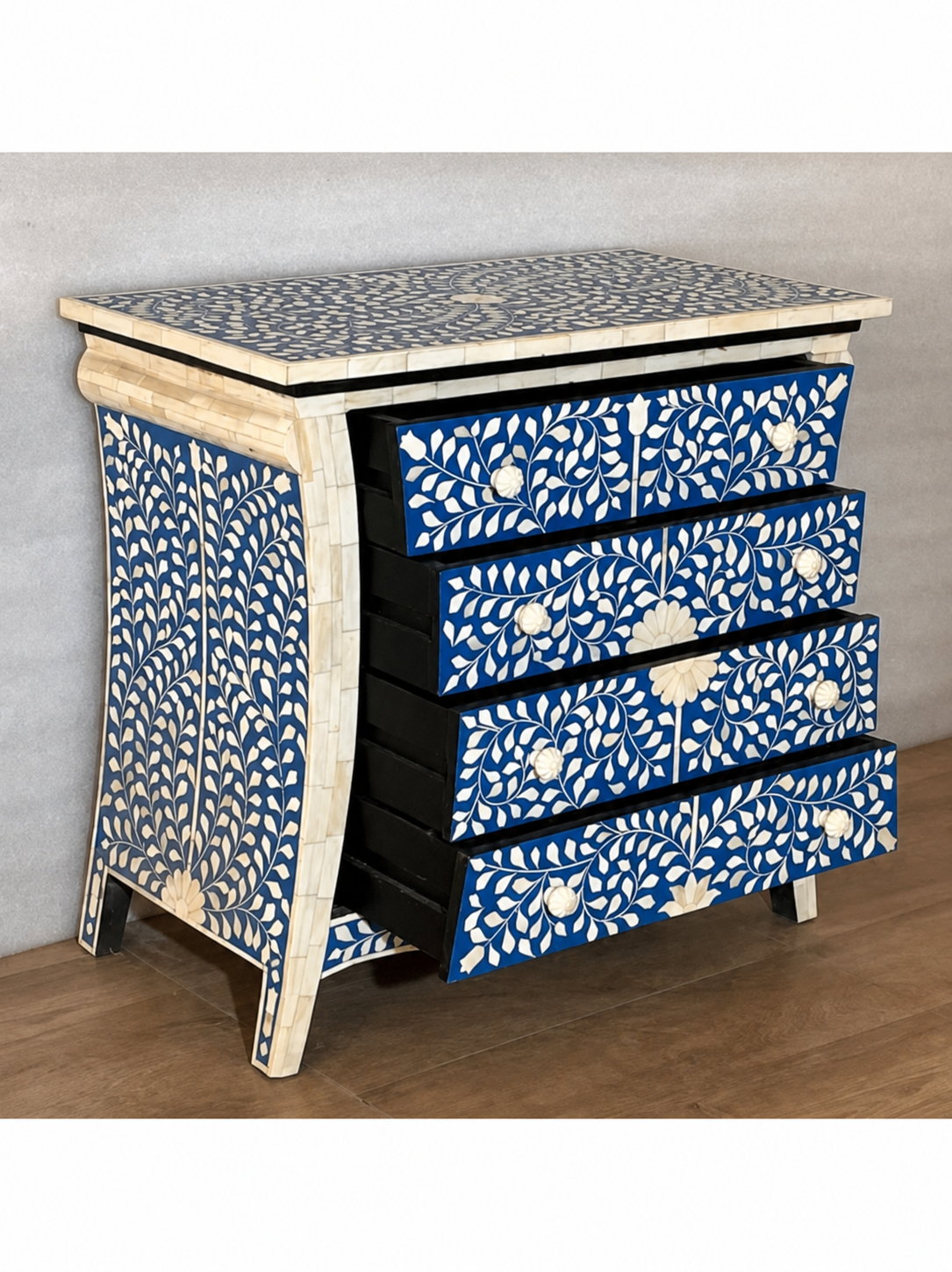 Blue Bone Inlay Chest of Drawers Handmade Floral Dresser Cabinet Luxury Storage Furniture Boho Chic Home Decor