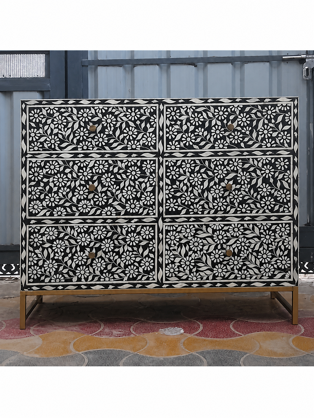 Black Bone Inlay Floral Dresser Handmade Chest of Drawers Luxury Storage Cabinet Boho Chic Bedroom Furniture Decor