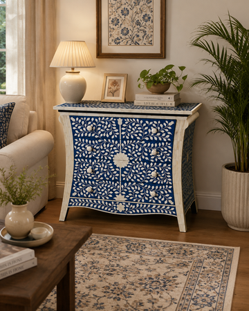 Blue Bone Inlay Chest of Drawers Handmade Floral Dresser Cabinet Luxury Storage Furniture Boho Chic Home Decor