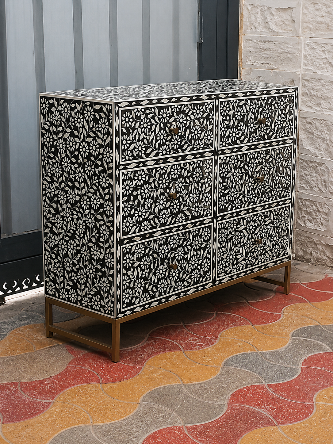 Black Bone Inlay Floral Dresser Handmade Chest of Drawers Luxury Storage Cabinet Boho Chic Bedroom Furniture Decor