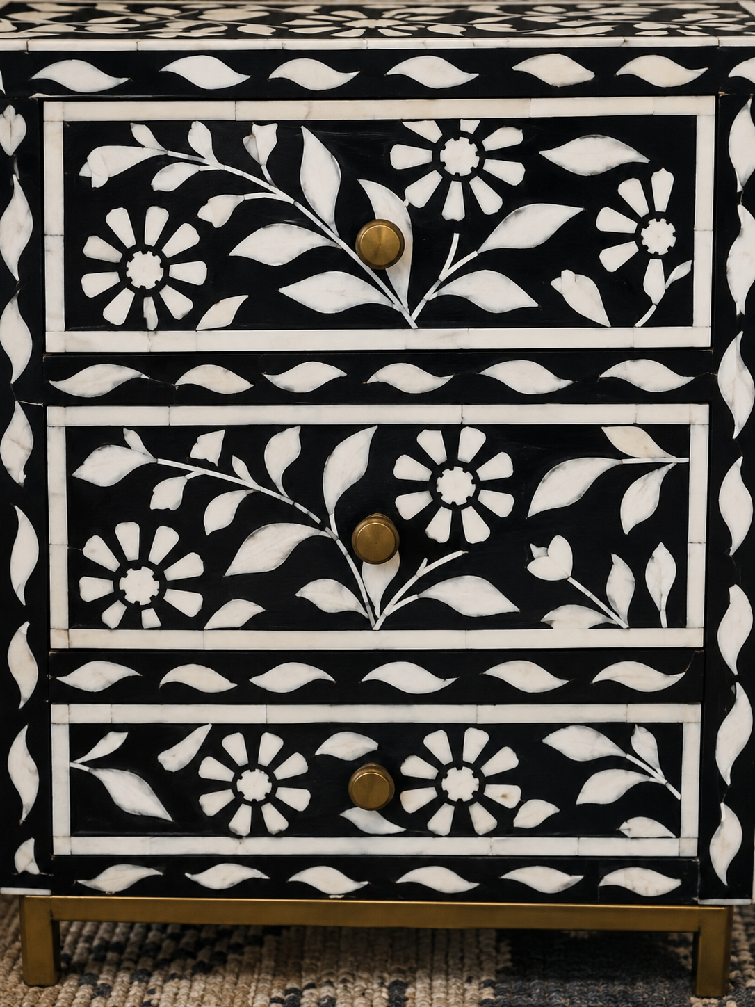 Black Bone Inlay Floral Dresser Handmade Chest of Drawers Luxury Storage Cabinet Boho Chic Bedroom Furniture Decor