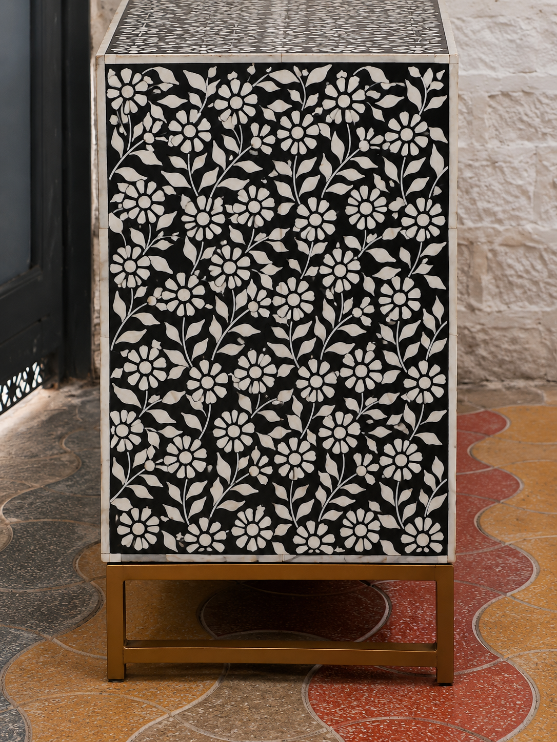 Black Bone Inlay Floral Dresser Handmade Chest of Drawers Luxury Storage Cabinet Boho Chic Bedroom Furniture Decor