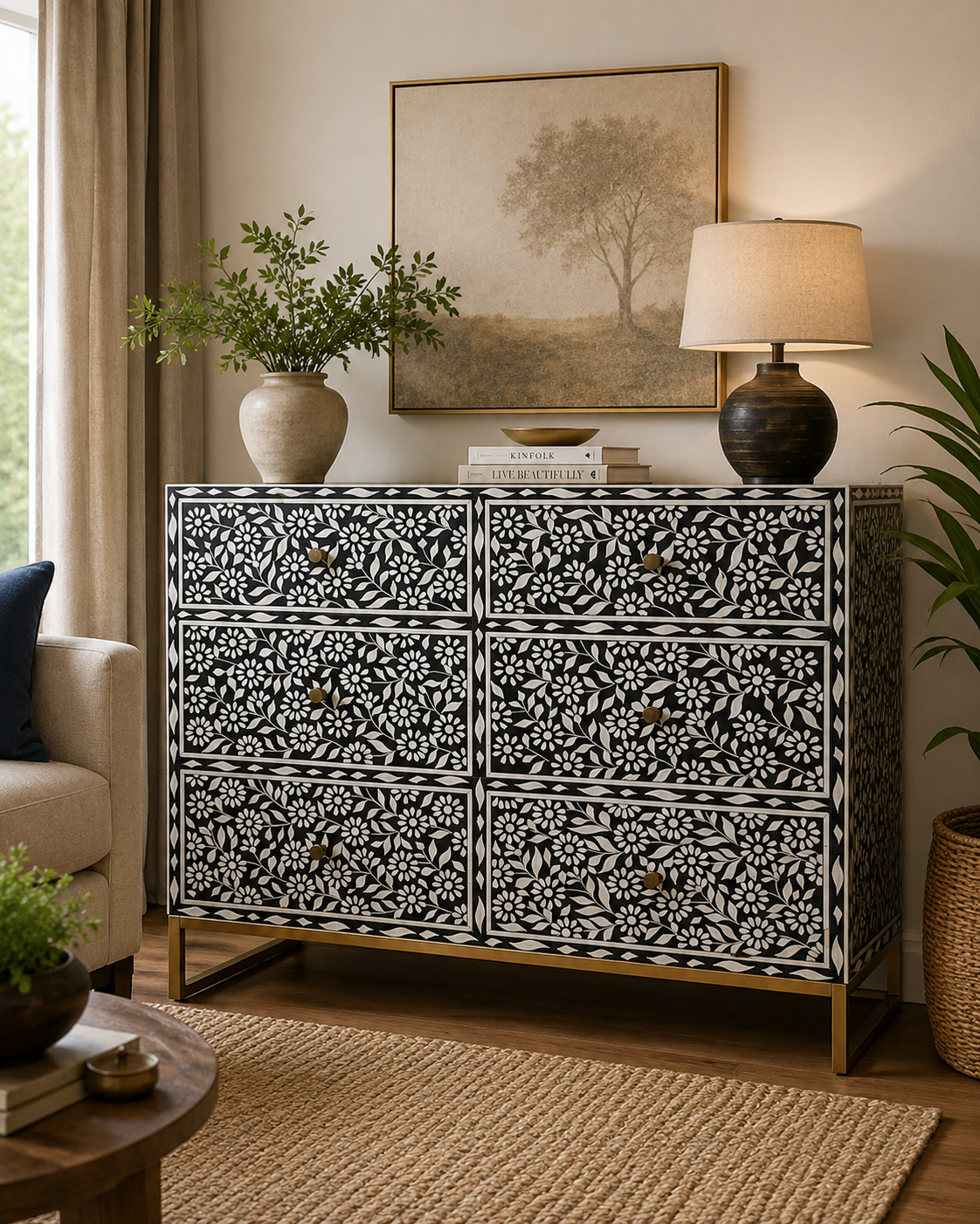 Black Bone Inlay Floral Dresser Handmade Chest of Drawers Luxury Storage Cabinet Boho Chic Bedroom Furniture Decor
