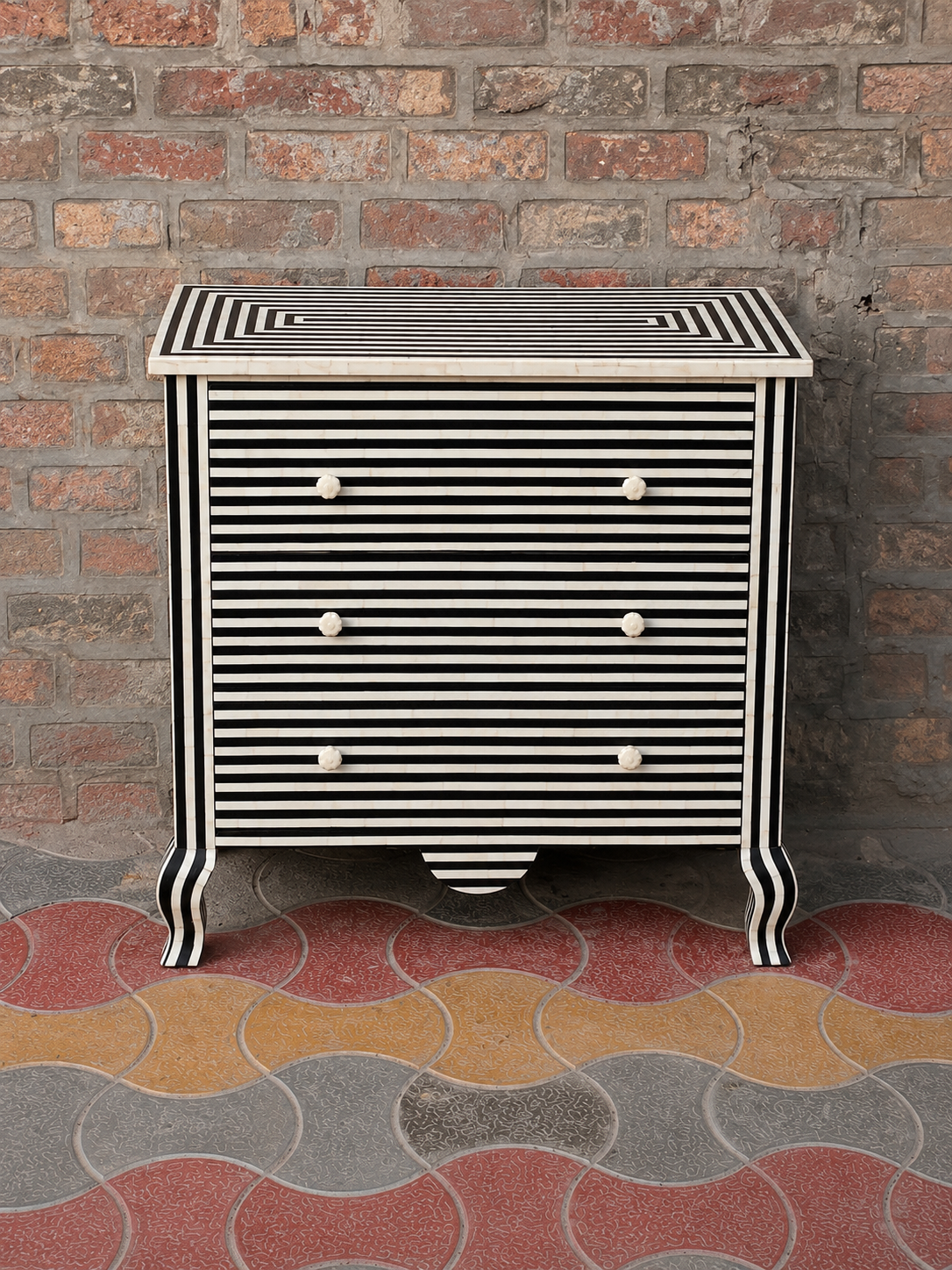 Black White Bone Inlay Chest of Drawers Handmade Striped Dresser Luxury Storage Cabinet Boho Chic Bedroom Furniture