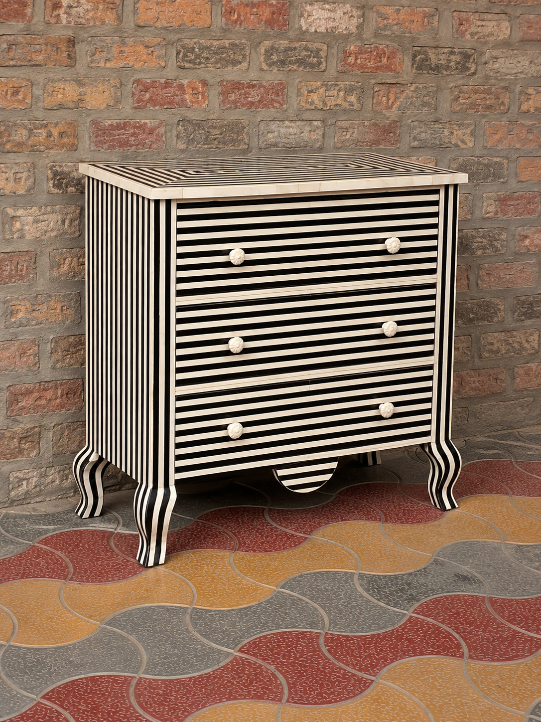 Black White Bone Inlay Chest of Drawers Handmade Striped Dresser Luxury Storage Cabinet Boho Chic Bedroom Furniture