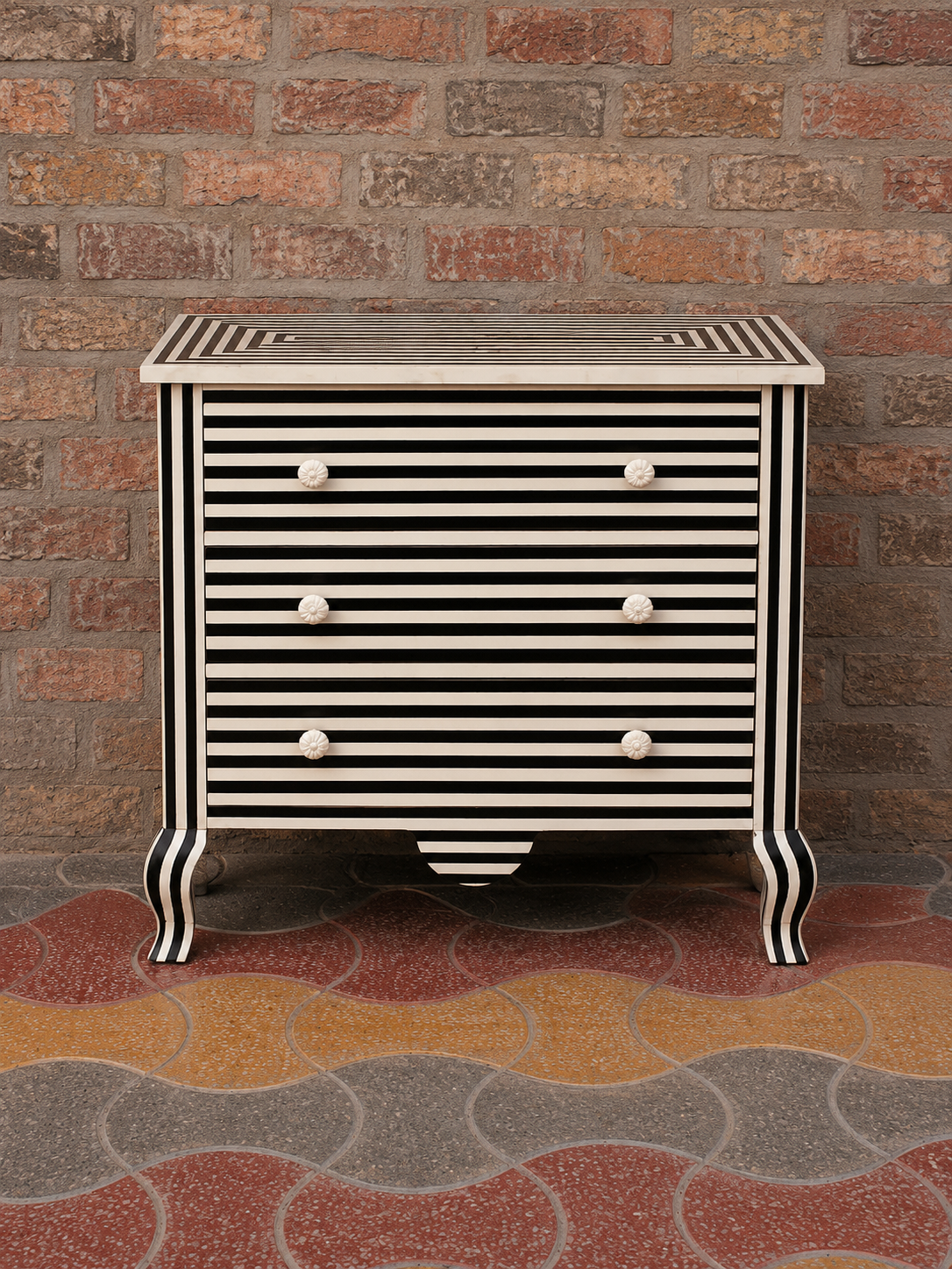 Black White Bone Inlay Chest of Drawers Handmade Striped Dresser Luxury Storage Cabinet Boho Chic Bedroom Furniture