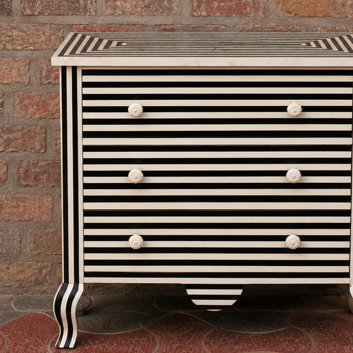 Black White Bone Inlay Chest of Drawers Handmade Striped Dresser Luxury Storage Cabinet Boho Chic Bedroom Furniture