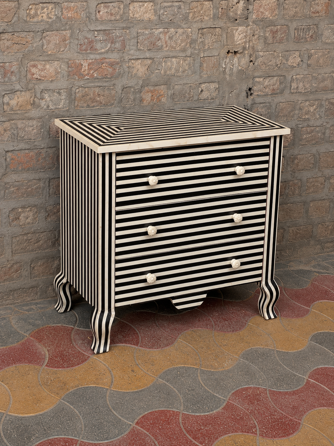 Black White Bone Inlay Chest of Drawers Handmade Striped Dresser Luxury Storage Cabinet Boho Chic Bedroom Furniture