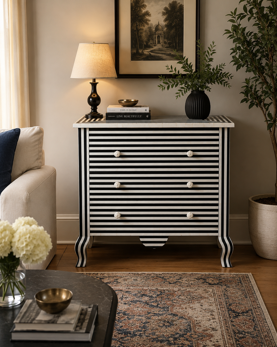 Black White Bone Inlay Chest of Drawers Handmade Striped Dresser Luxury Storage Cabinet Boho Chic Bedroom Furniture
