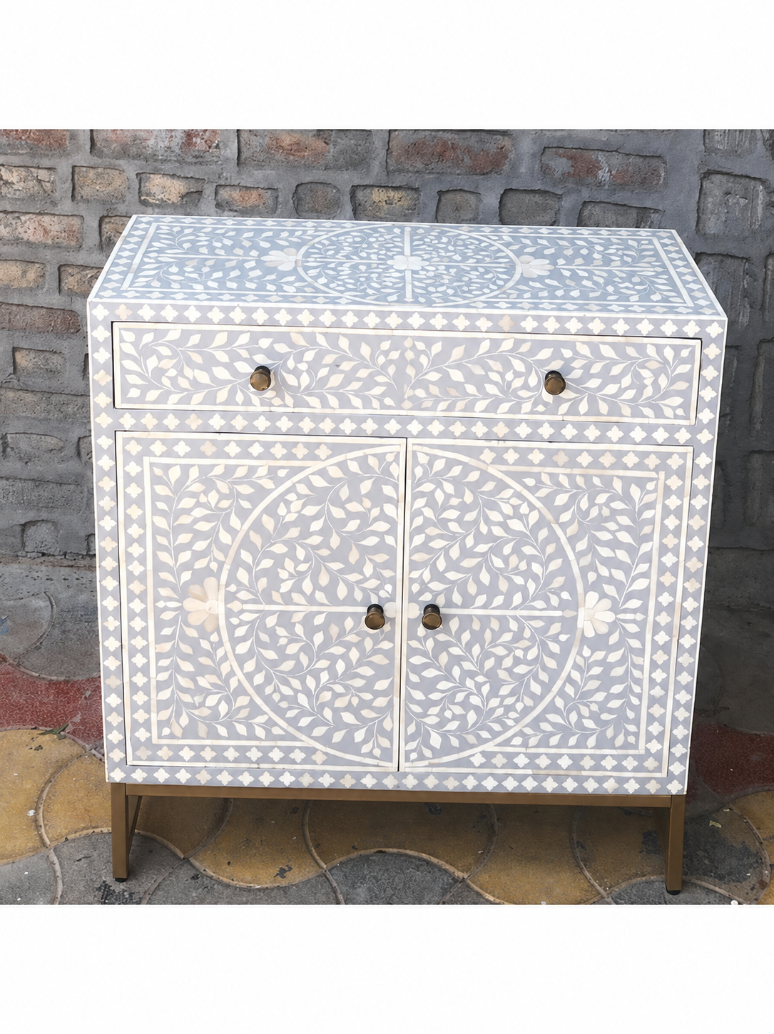 Grey Bone Inlay Cabinet Handmade Floral Storage Cabinet Luxury Accent Sideboard Boho Chic Furniture Home Decor