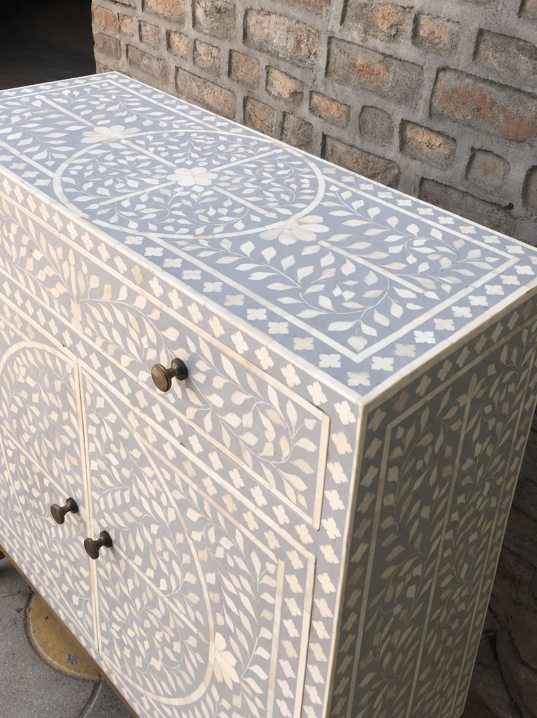 Grey Bone Inlay Cabinet Handmade Floral Storage Cabinet Luxury Accent Sideboard Boho Chic Furniture Home Decor
