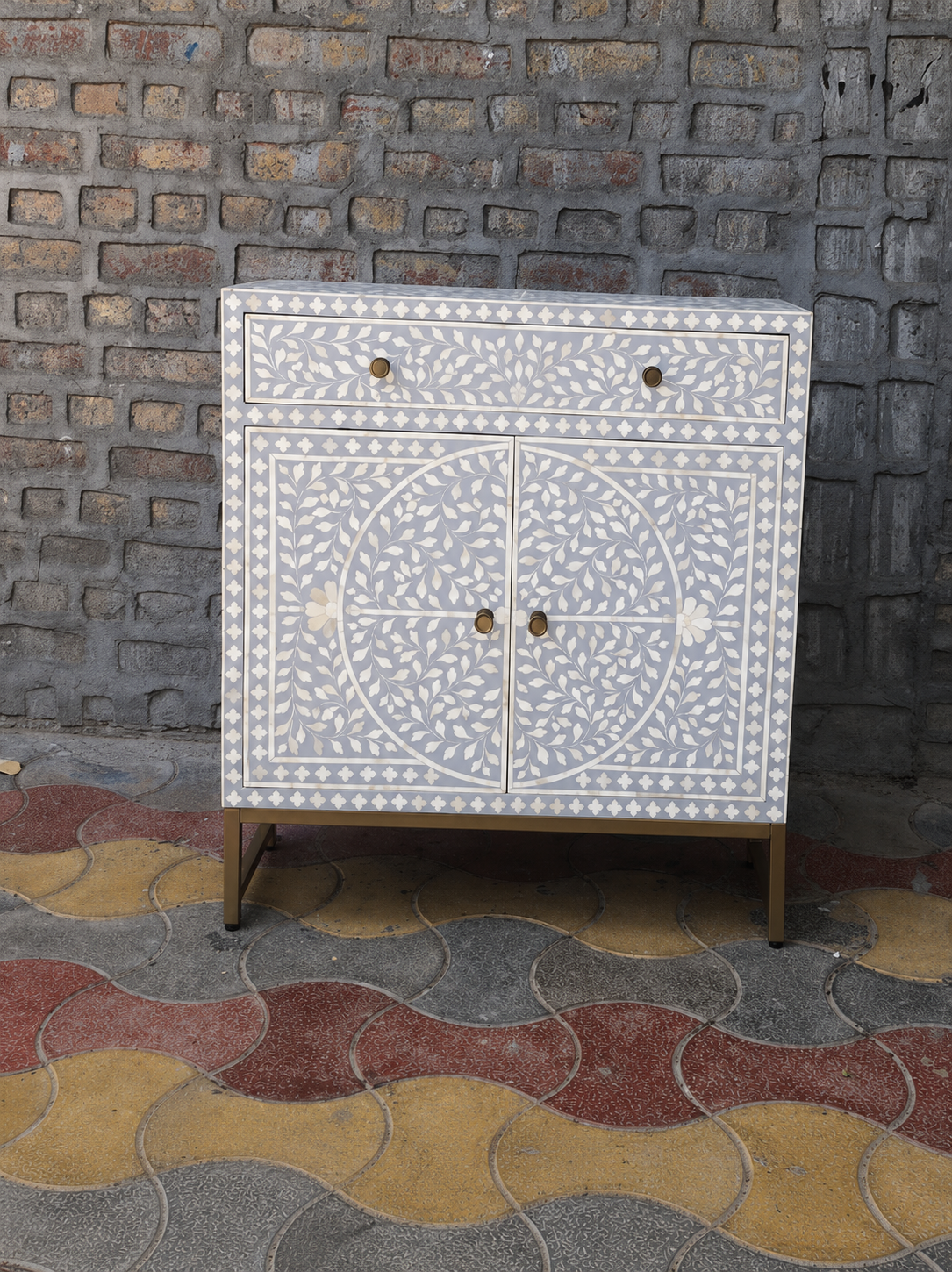Grey Bone Inlay Cabinet Handmade Floral Storage Cabinet Luxury Accent Sideboard Boho Chic Furniture Home Decor