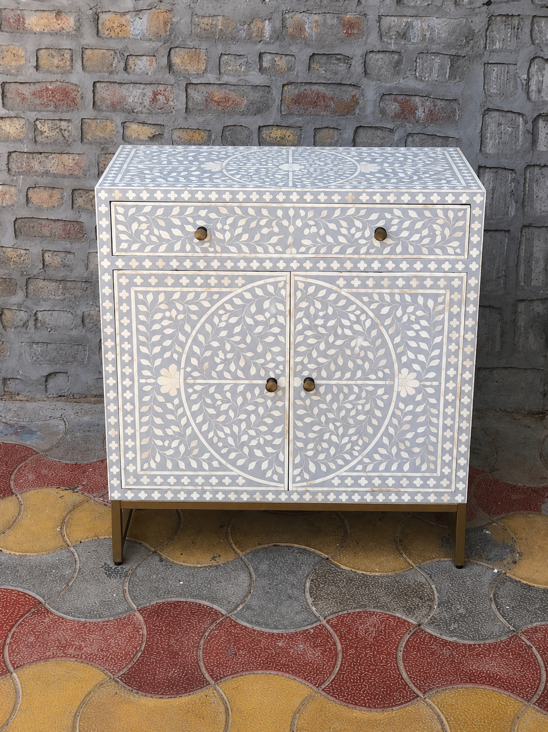 Grey Bone Inlay Cabinet Handmade Floral Storage Cabinet Luxury Accent Sideboard Boho Chic Furniture Home Decor