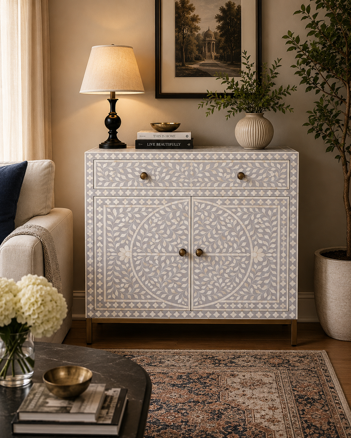 Grey Bone Inlay Cabinet Handmade Floral Storage Cabinet Luxury Accent Sideboard Boho Chic Furniture Home Decor
