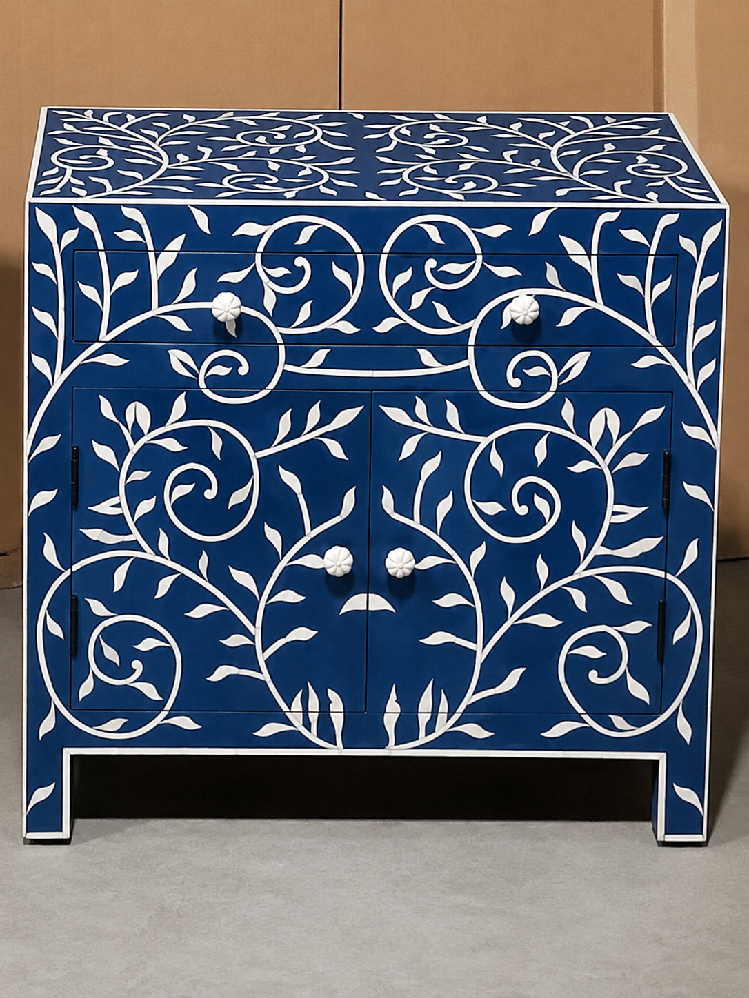Blue Bone Inlay Cabinet Handmade Floral Storage Cabinet Luxury Accent Sideboard Boho Chic Furniture Home Decor