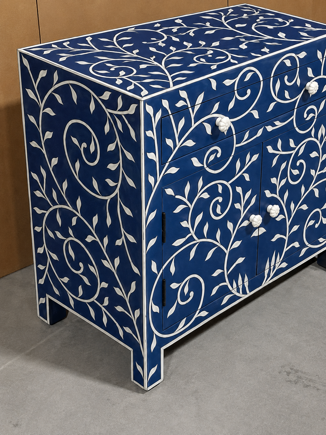 Blue Bone Inlay Cabinet Handmade Floral Storage Cabinet Luxury Accent Sideboard Boho Chic Furniture Home Decor