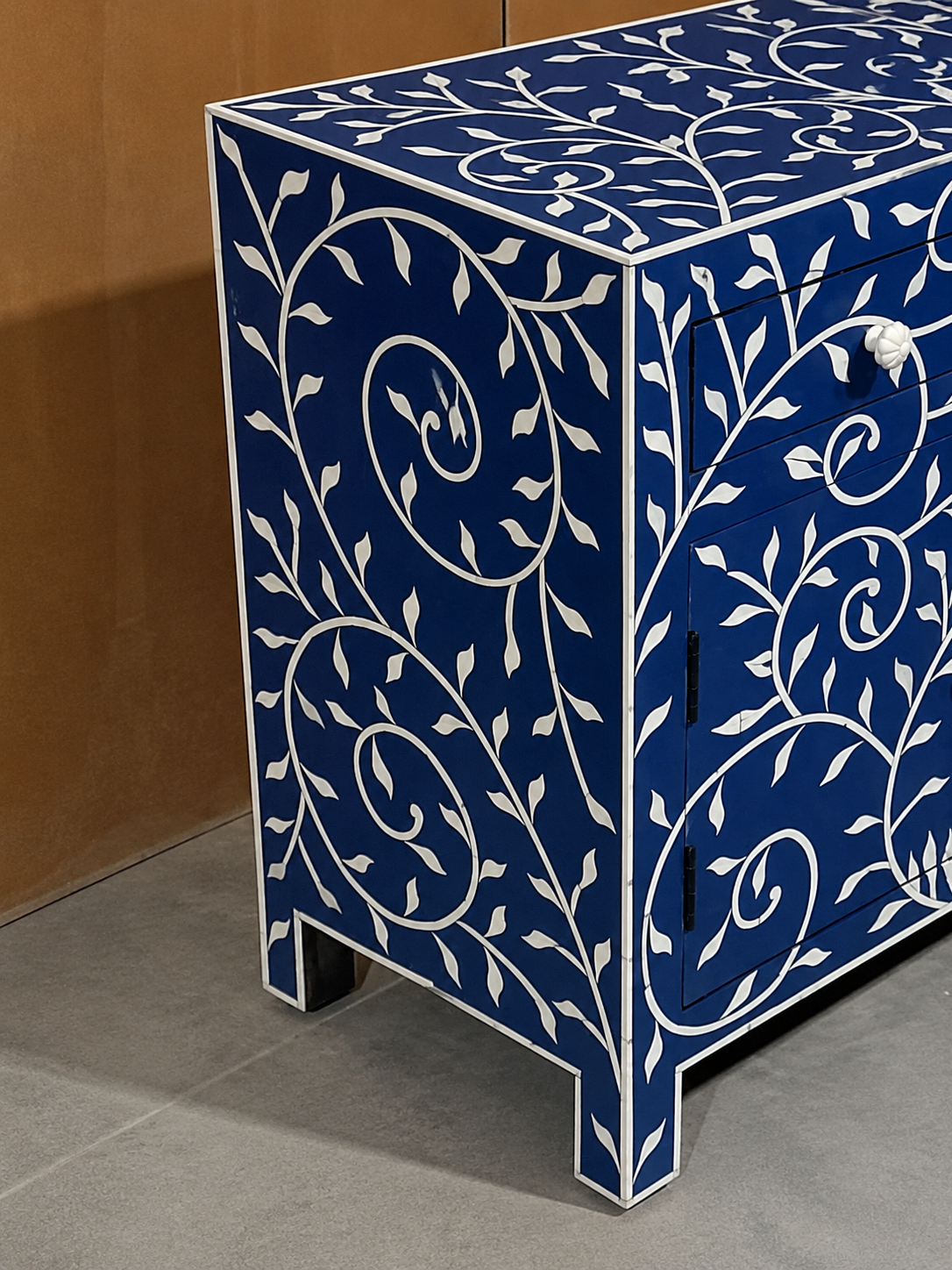 Blue Bone Inlay Cabinet Handmade Floral Storage Cabinet Luxury Accent Sideboard Boho Chic Furniture Home Decor