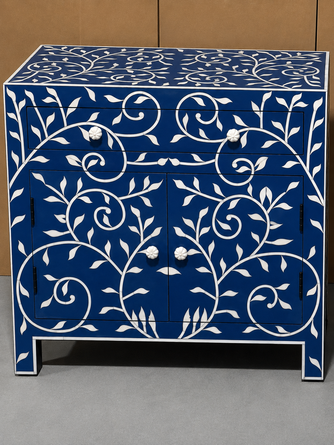 Blue Bone Inlay Cabinet Handmade Floral Storage Cabinet Luxury Accent Sideboard Boho Chic Furniture Home Decor