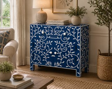 Blue Bone Inlay Cabinet Handmade Floral Storage Cabinet Luxury Accent Sideboard Boho Chic Furniture Home Decor