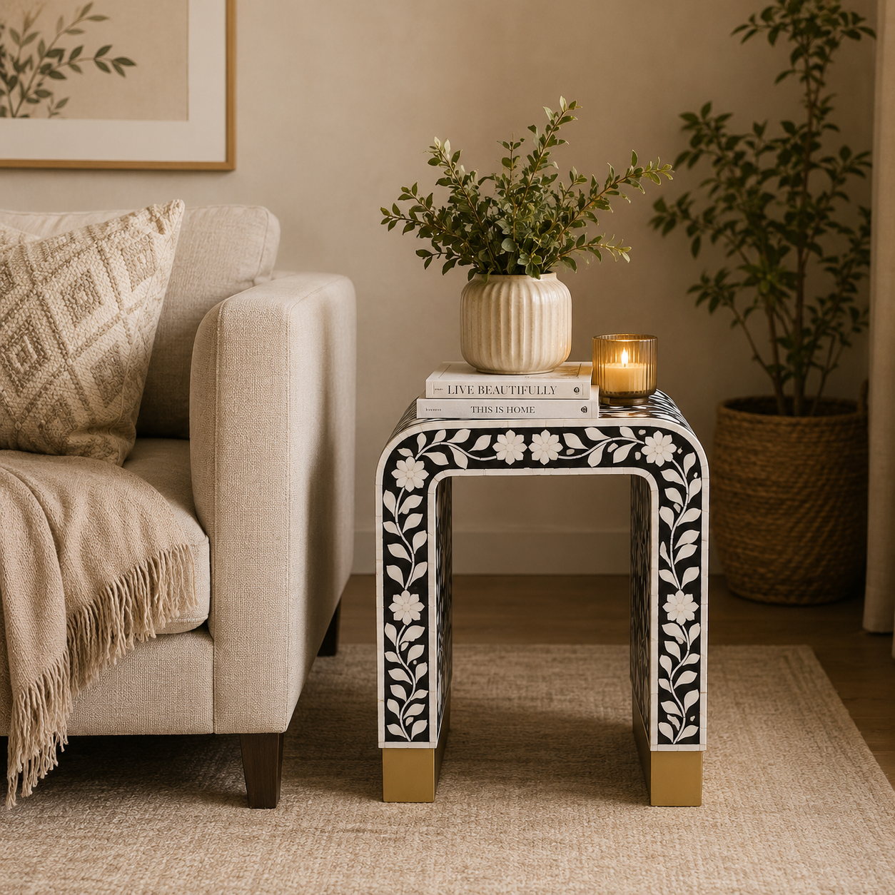 Black Bone Inlay Side Table – Handmade Floral Accent Stool