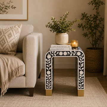 Black Bone Inlay Side Table – Handmade Floral Accent Stool