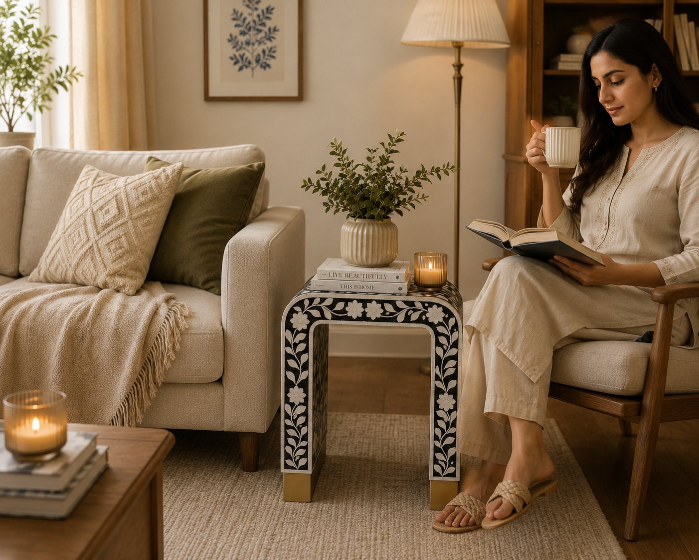 Black Bone Inlay Side Table – Handmade Floral Accent Stool
