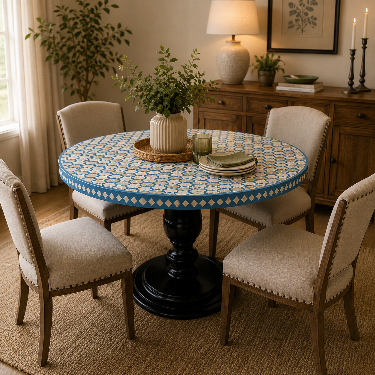Bone Inlay Dining Table Handmade Luxury Dining Table Geometric Floral Inlay Table Wooden Dining Furniture Boho Chic Home
