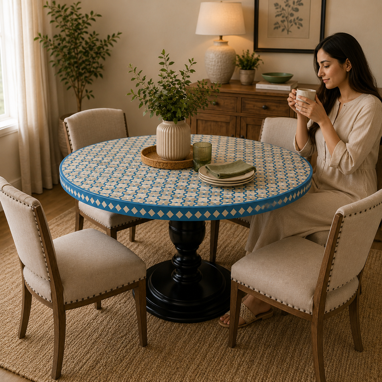 Bone Inlay Dining Table Handmade Luxury Dining Table Geometric Floral Inlay Table Wooden Dining Furniture Boho Chic Home