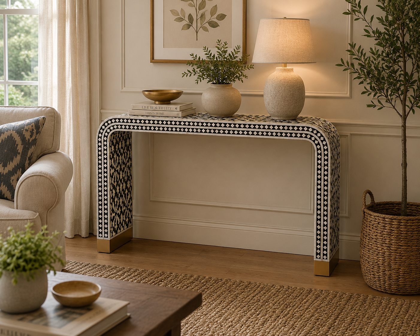 Black White Bone Inlay Console Table Handmade Waterfall Entryway Table Luxury Hallway Furniture Boho Chic Home Decor
