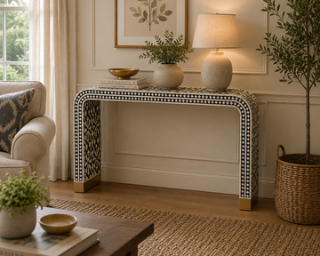 Black White Bone Inlay Console Table Handmade Waterfall Entryway Table Luxury Hallway Furniture Boho Chic Home Decor