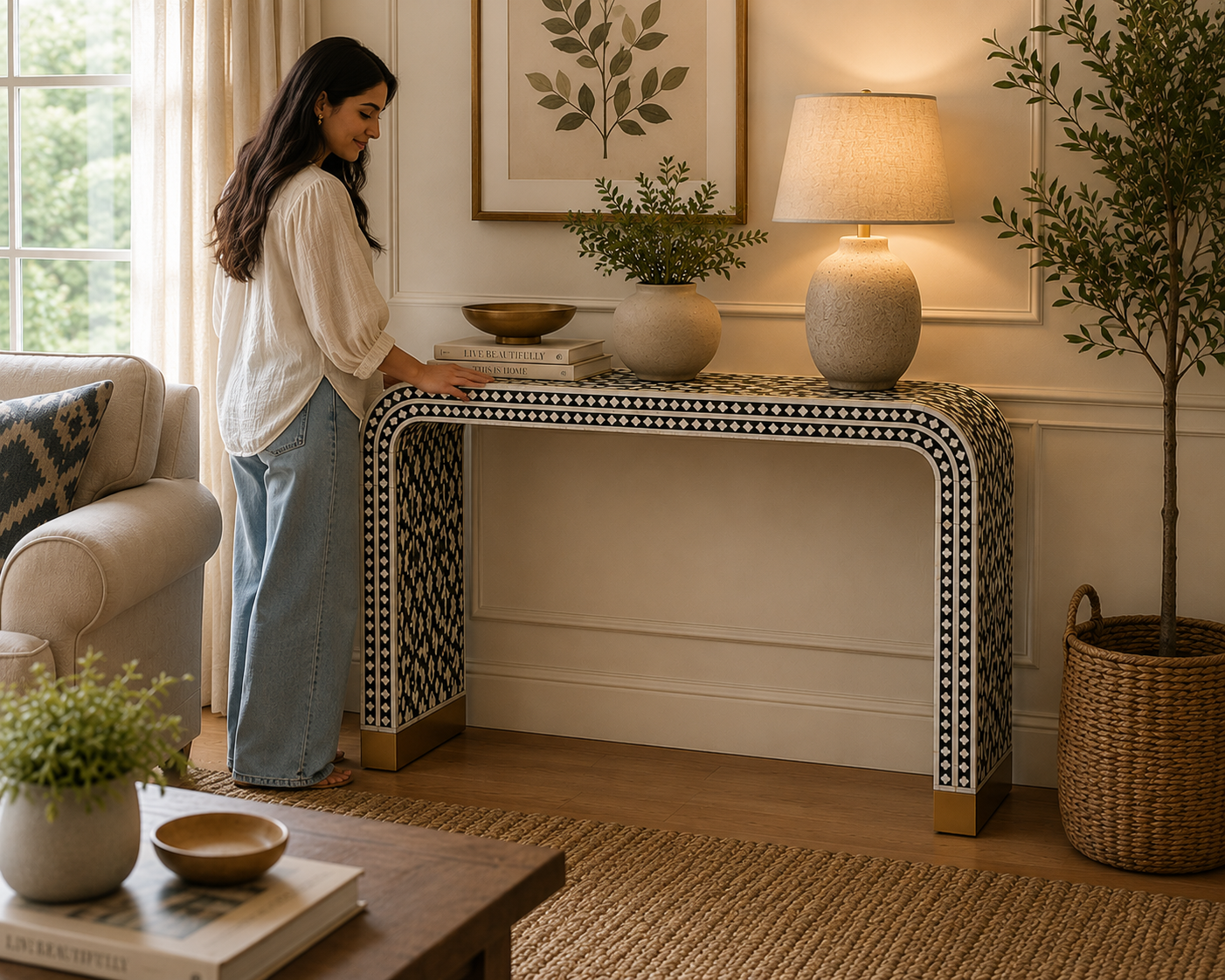 Black White Bone Inlay Console Table Handmade Waterfall Entryway Table Luxury Hallway Furniture Boho Chic Home Decor