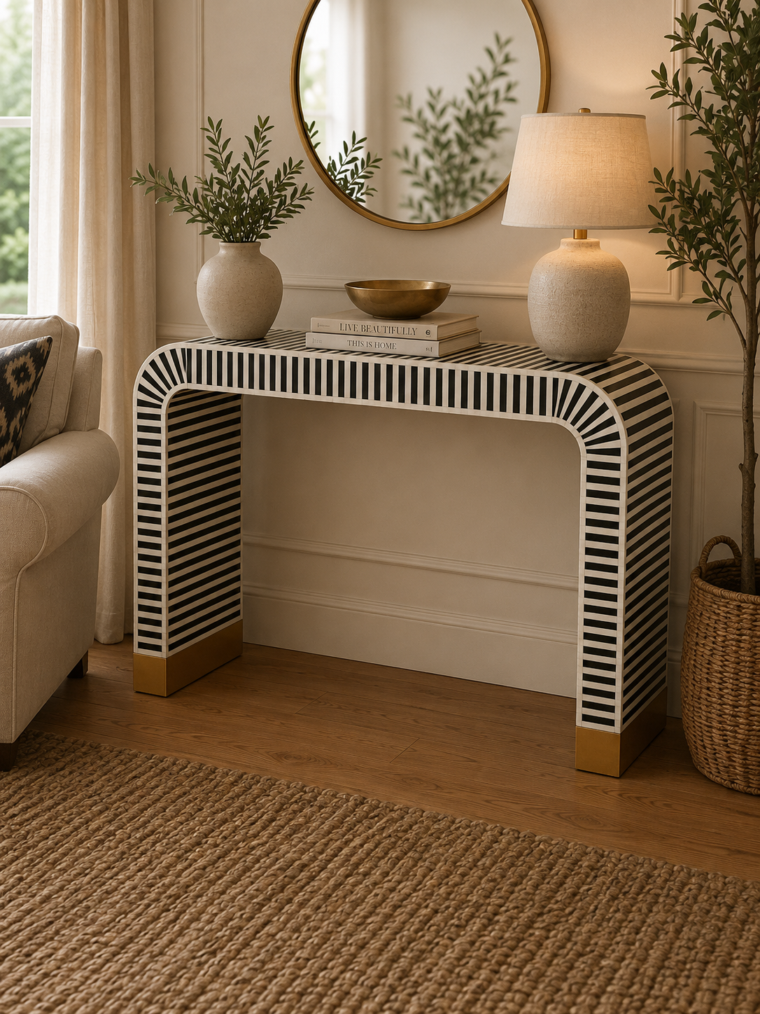 Black White Striped Bone Inlay Console Table Handmade Waterfall Entryway Table Luxury Modern Hallway Furniture Decor