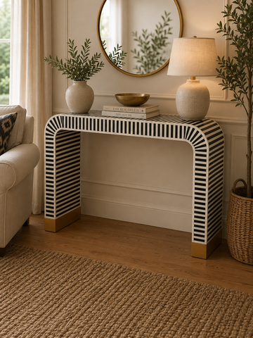 Black White Striped Bone Inlay Console Table Handmade Waterfall Entryway Table Luxury Modern Hallway Furniture Decor