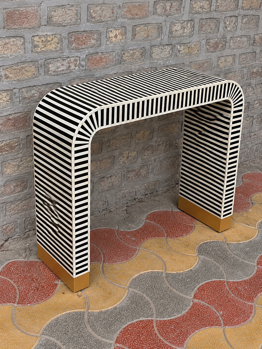 Black White Striped Bone Inlay Console Table Handmade Waterfall Entryway Table Luxury Modern Hallway Furniture Decor