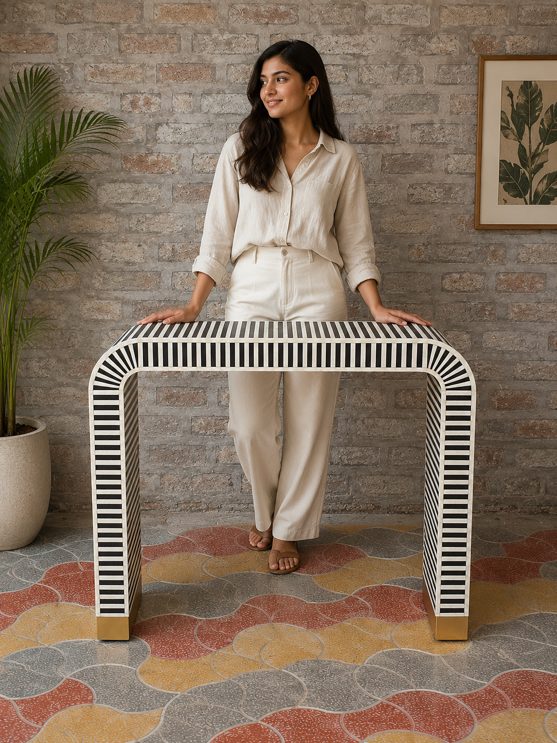 Black White Striped Bone Inlay Console Table Handmade Waterfall Entryway Table Luxury Modern Hallway Furniture Decor