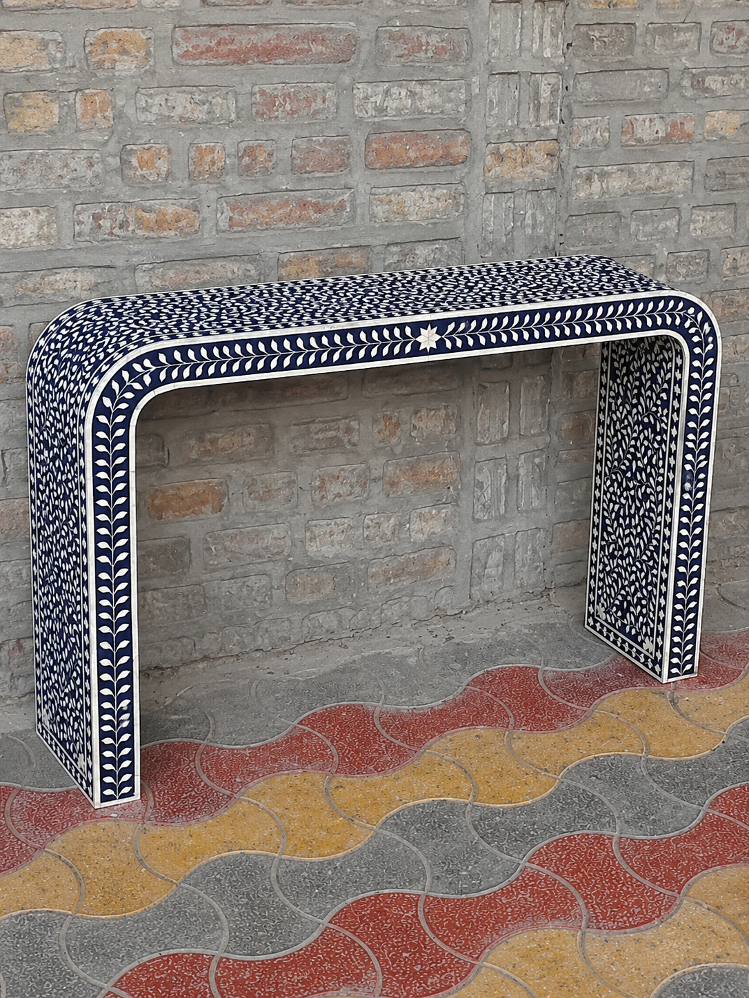 Blue Bone Inlay Console Table Handmade Floral Waterfall Entryway Table Luxury Hallway Furniture Boho Home Decor
