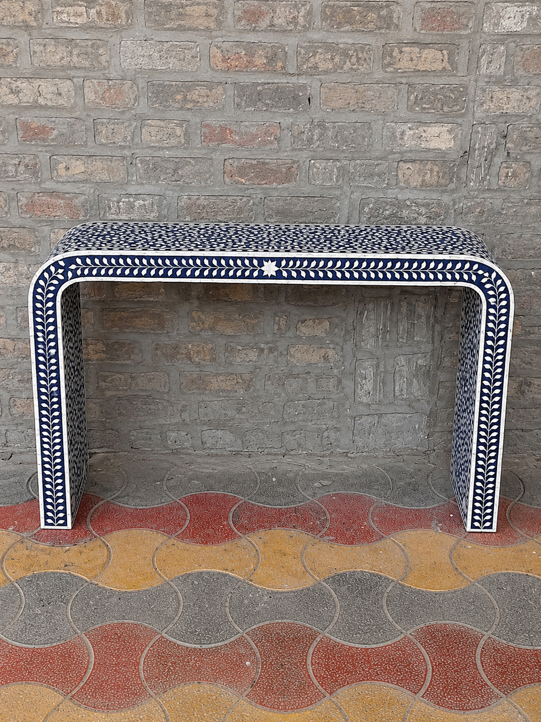 Blue Bone Inlay Console Table Handmade Floral Waterfall Entryway Table Luxury Hallway Furniture Boho Home Decor