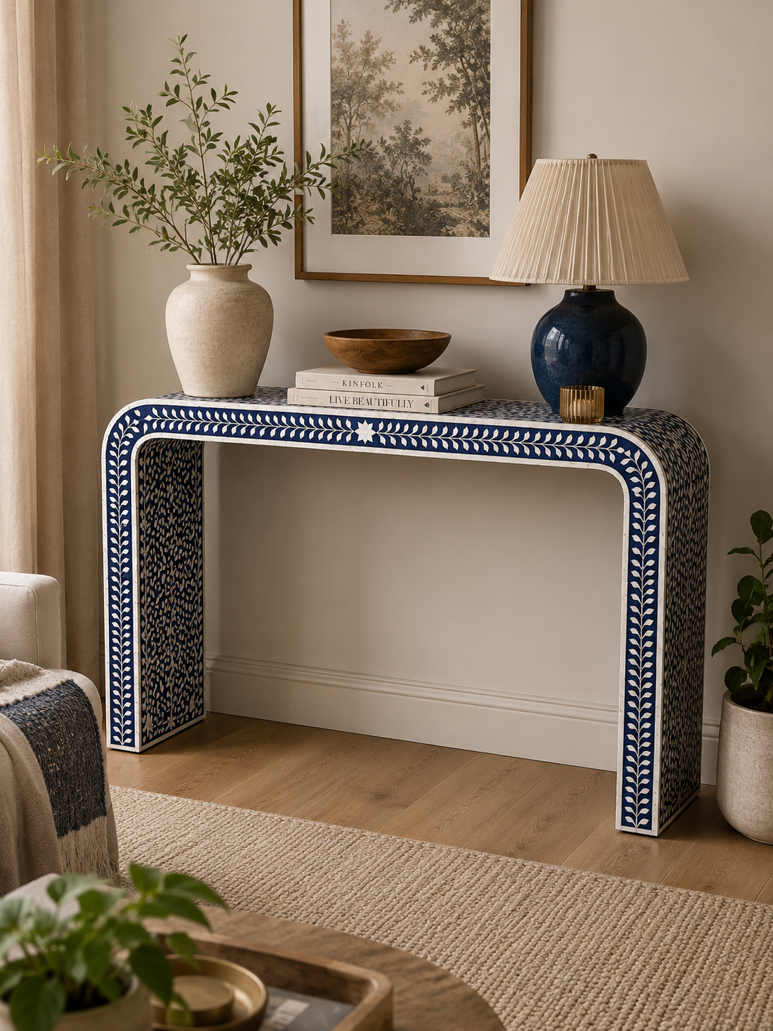 Blue Bone Inlay Console Table Handmade Floral Waterfall Entryway Table Luxury Hallway Furniture Boho Home Decor