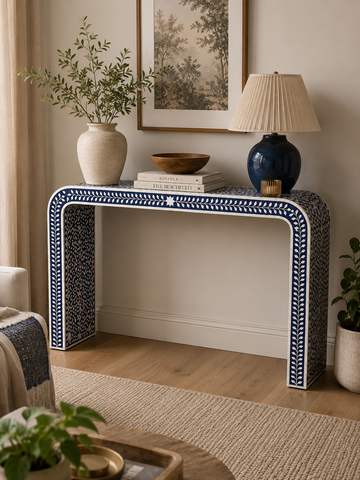 Blue Bone Inlay Console Table Handmade Floral Waterfall Entryway Table Luxury Hallway Furniture Boho Home Decor