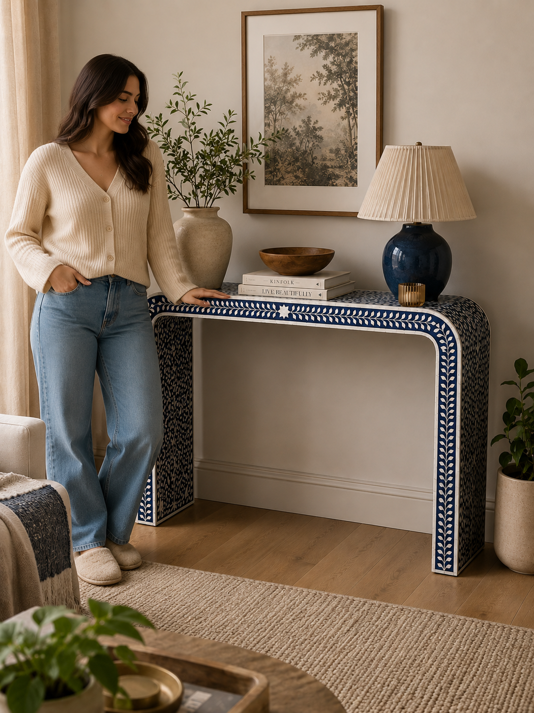 Blue Bone Inlay Console Table Handmade Floral Waterfall Entryway Table Luxury Hallway Furniture Boho Home Decor