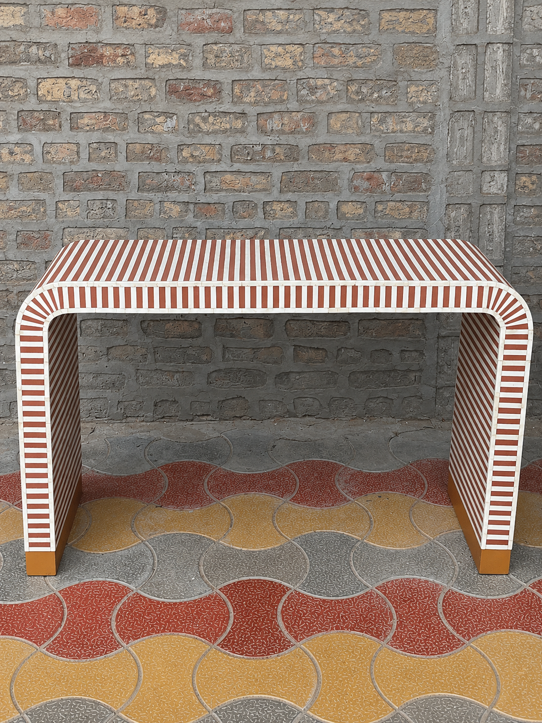 Terracotta Bone Inlay Console Table Handmade Striped Waterfall Entryway Table Luxury Hallway Furniture Modern Boho Decor