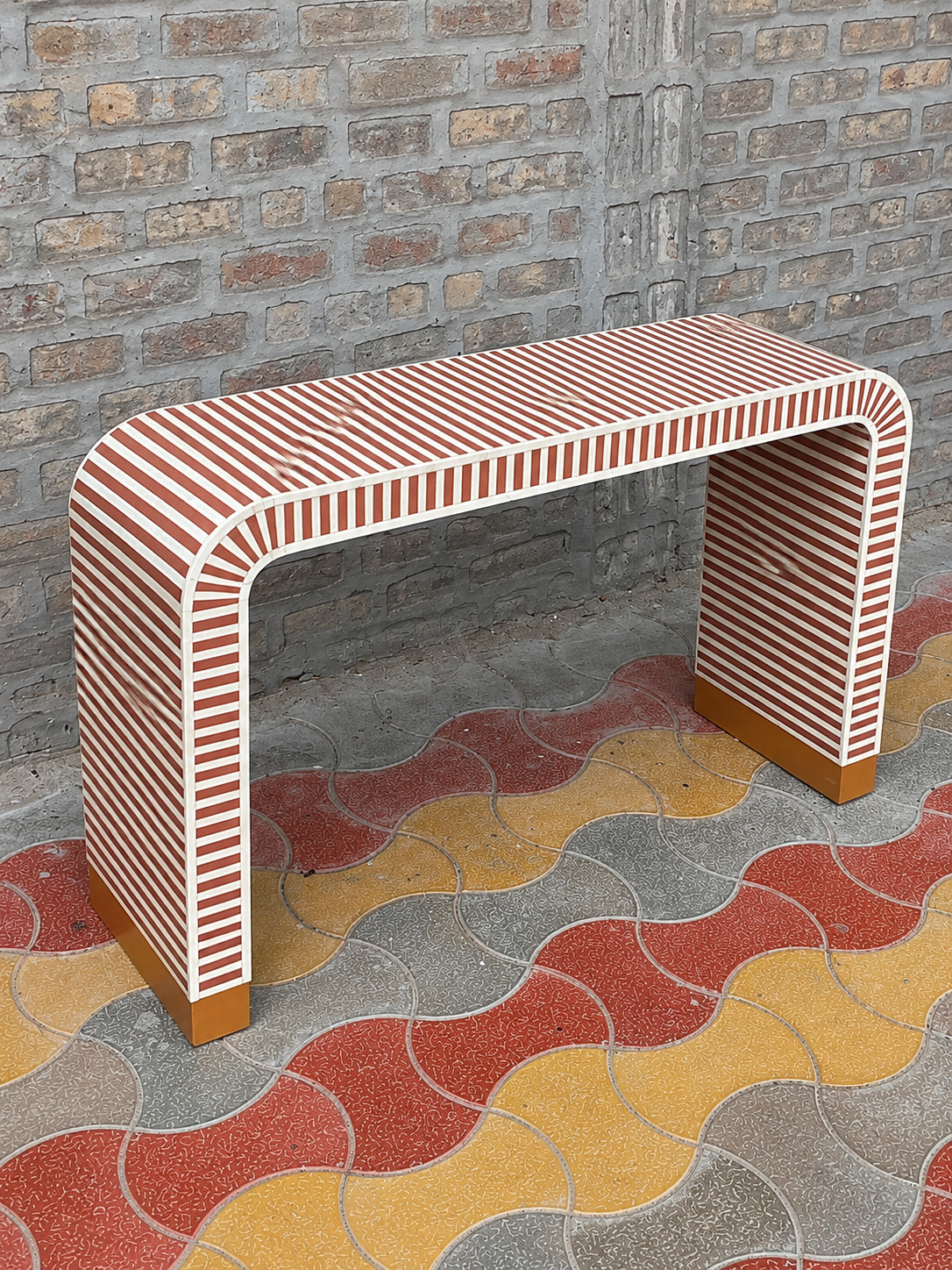 Terracotta Bone Inlay Console Table Handmade Striped Waterfall Entryway Table Luxury Hallway Furniture Modern Boho Decor