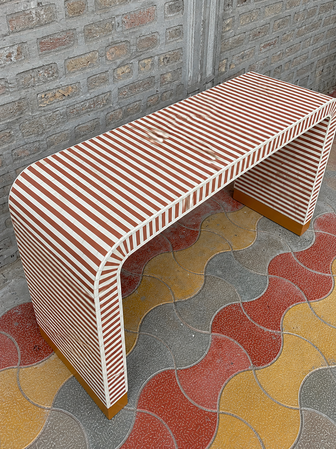 Terracotta Bone Inlay Console Table Handmade Striped Waterfall Entryway Table Luxury Hallway Furniture Modern Boho Decor
