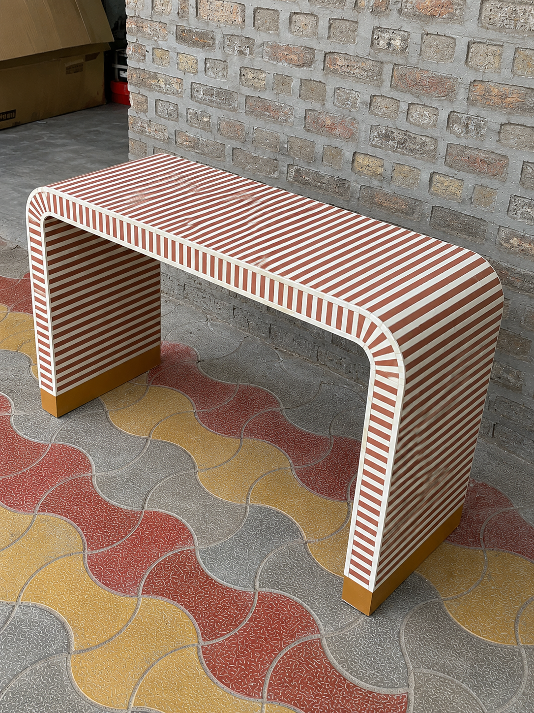 Terracotta Bone Inlay Console Table Handmade Striped Waterfall Entryway Table Luxury Hallway Furniture Modern Boho Decor